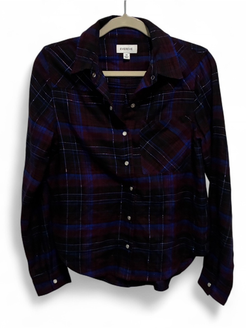 Evereve Black Blue and Dark Red Plaid Metallic Long Sleeve Button-Down Shirt